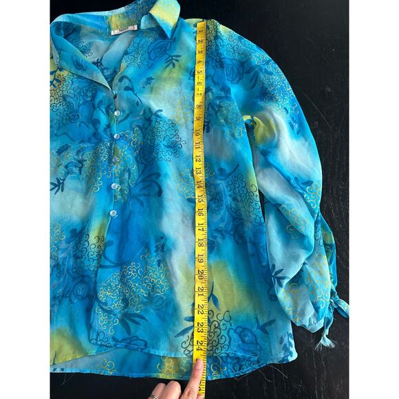 TOTO- XL- see measurements- blue green coastal fairycore- semi sheer button up - Picture 3 of 5